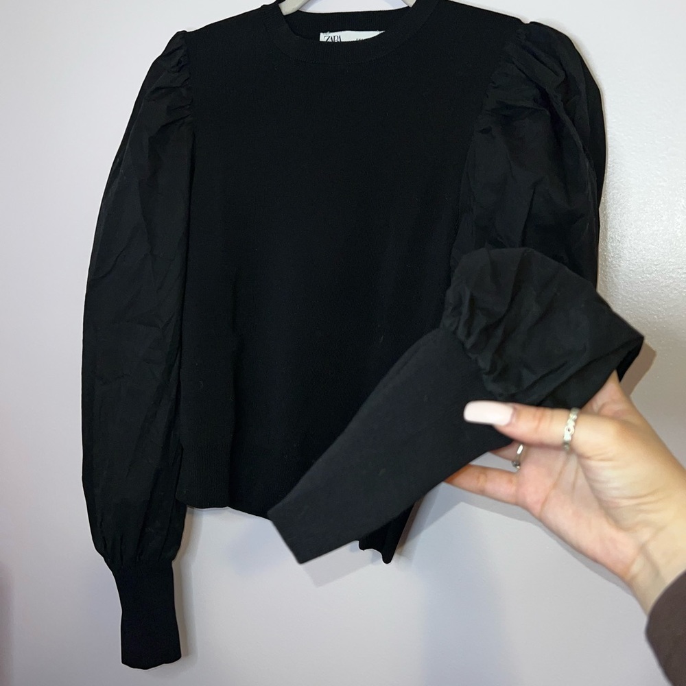 Zara Black Knit Long Puff Sleeve Top - Picture 3 of 7